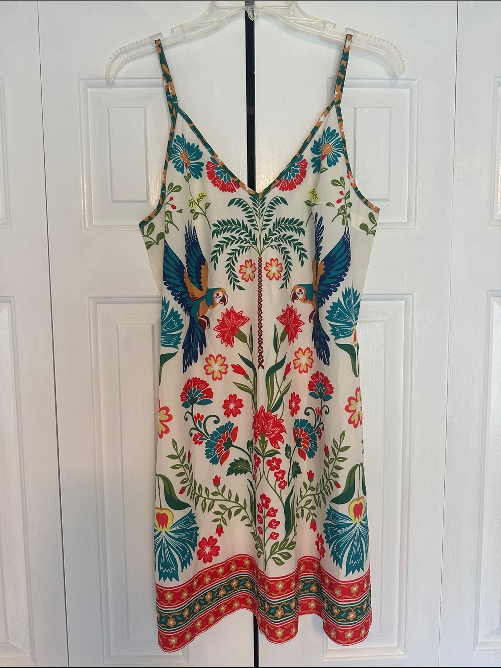 Vibrant Slip Dress with Teal & Red Parrot and Floral Print
